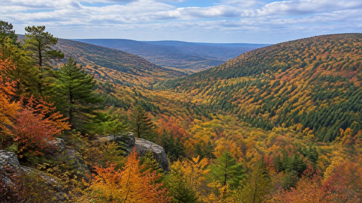 Wooded Carbon County ridge looking across a forested Pocono valley in autumn