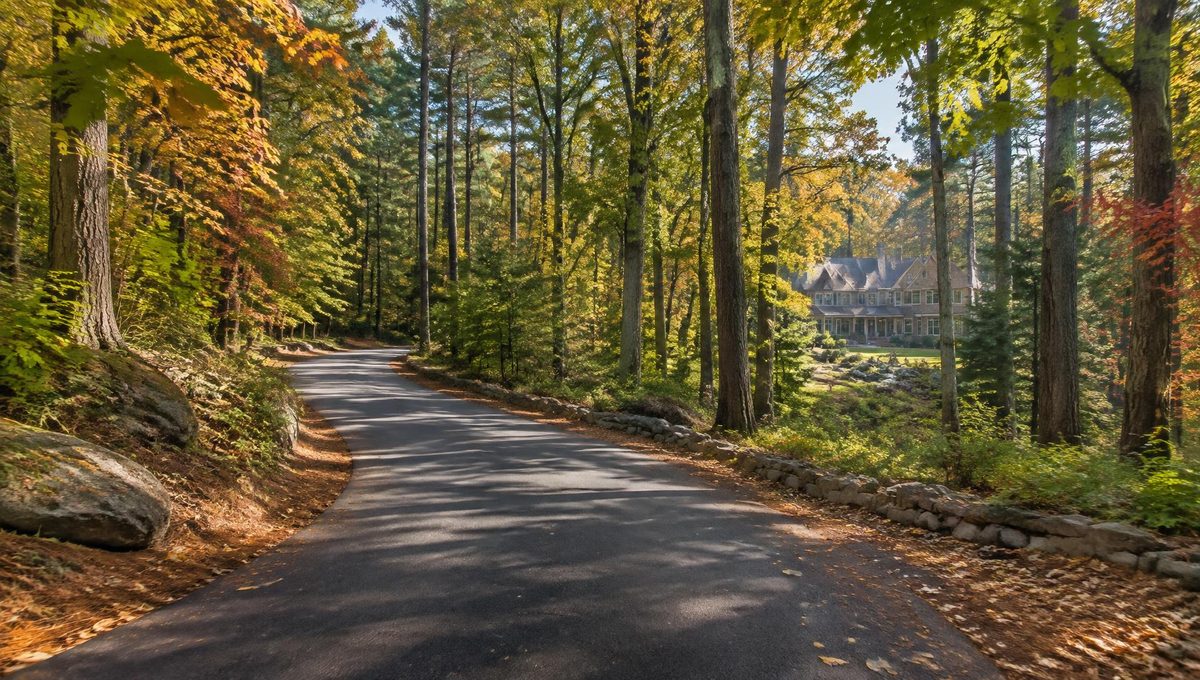 Paved private road curving through tall hardwood and pine forest with a large home set back among the trees