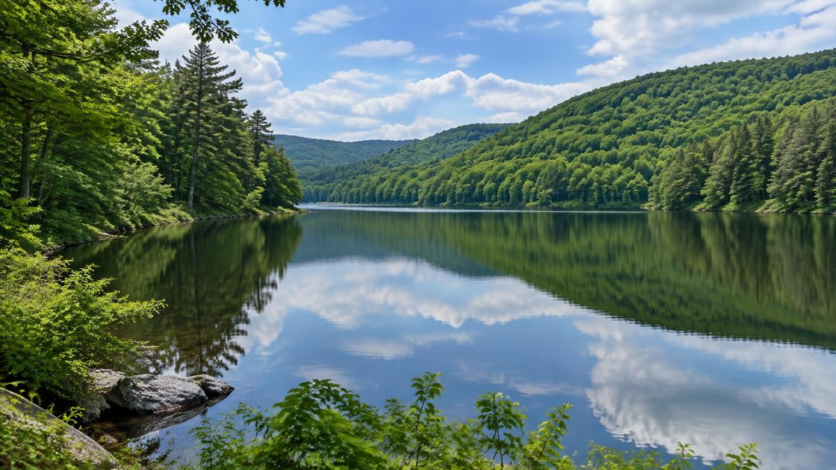 Small wooded lake in rolling western Pocono terrain with calm reflections