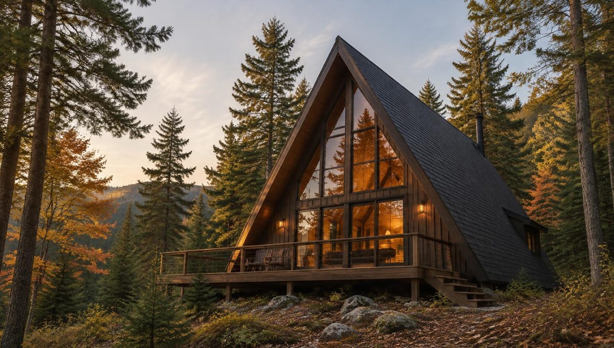 Dark-stained A-frame cabin among tall evergreens at golden hour