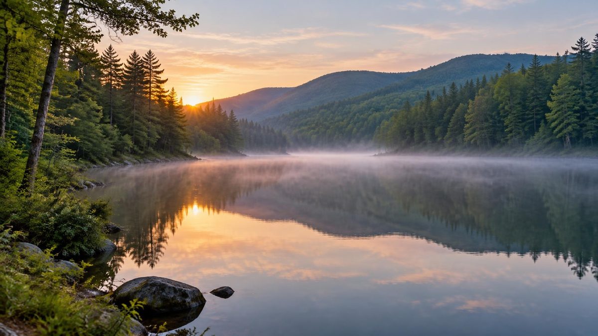 Small wooded Pocono fishing lake at dawn with mist on the water and forest along the banks