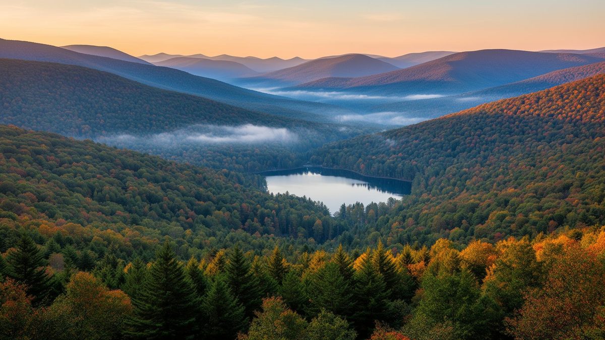 Pocono Mountains lake nestled in autumn ridges at golden hour