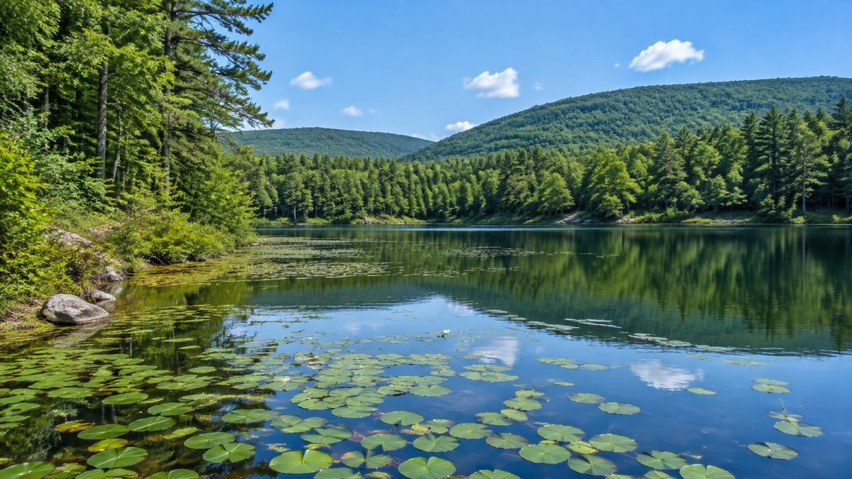 Small forest lake with lily pads, calm water and wooded Pocono shoreline on a clear summer day