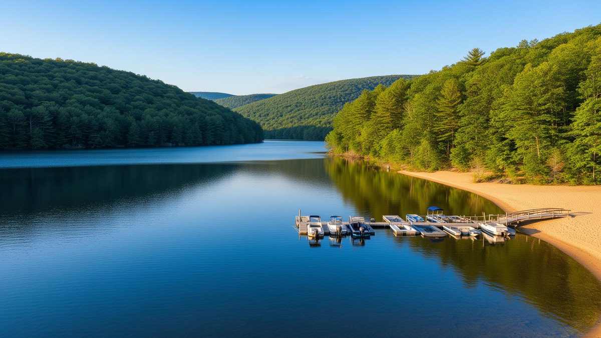 Lake view of Lake Harmony Estates in summer