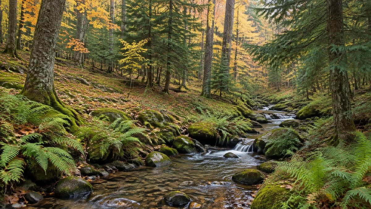 Quiet wooded Pocono hillside with mixed hardwoods, hemlock trees and a small stream in autumn light