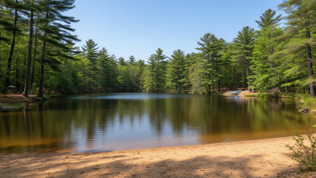 Greenwood Acres community lake with a sandy beach among tall Pocono trees