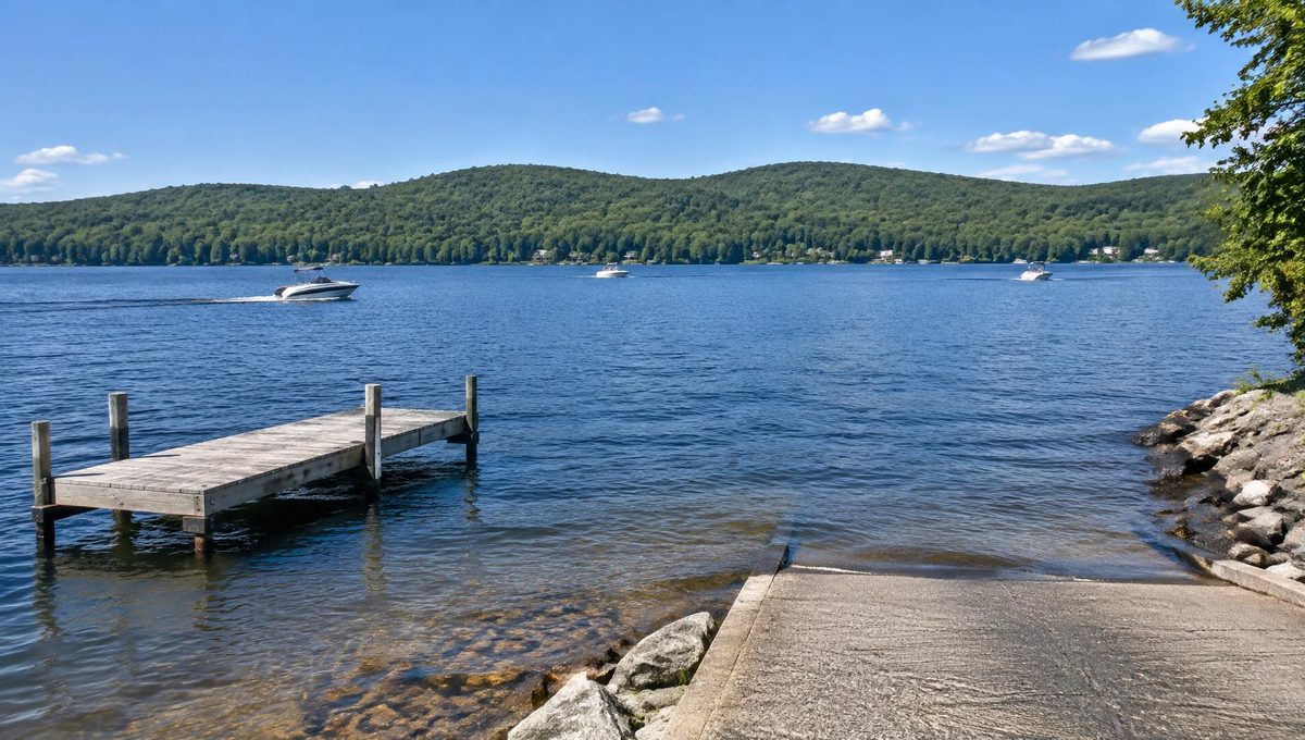 Lake Wallenpaupack shoreline with a wooden swim dock, boat launch ramp and powerboats on the lake