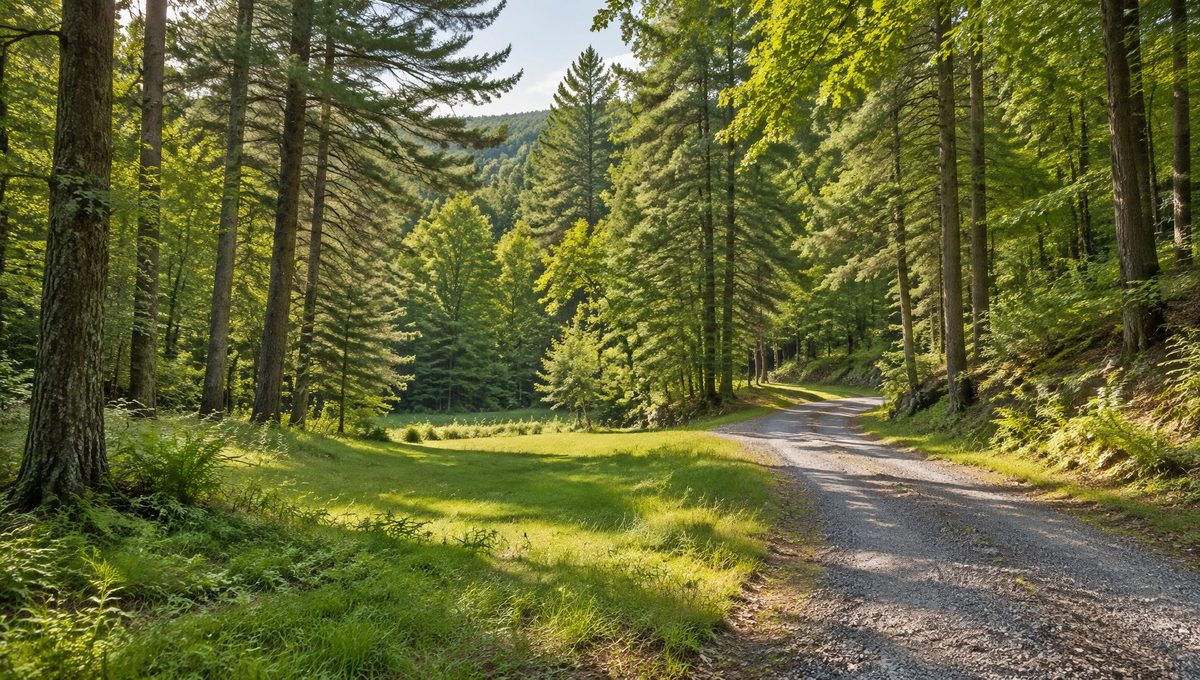 Wooded Pike County landscape of tall pines and hardwoods with a grassy clearing and a winding gravel lane
