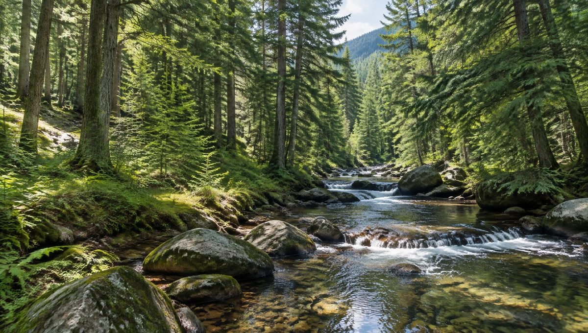 Tall pine and hemlock forest with a mountain stream running through it in dappled summer light