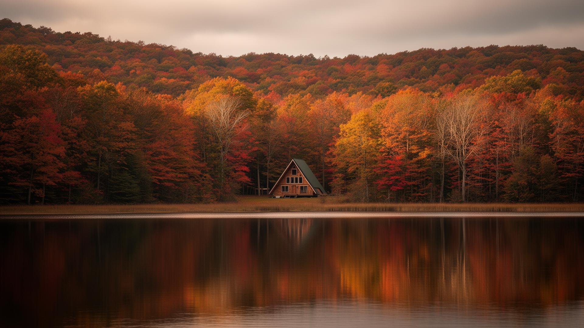 A-frame cabin by a Pocono Mountain lake in autumn