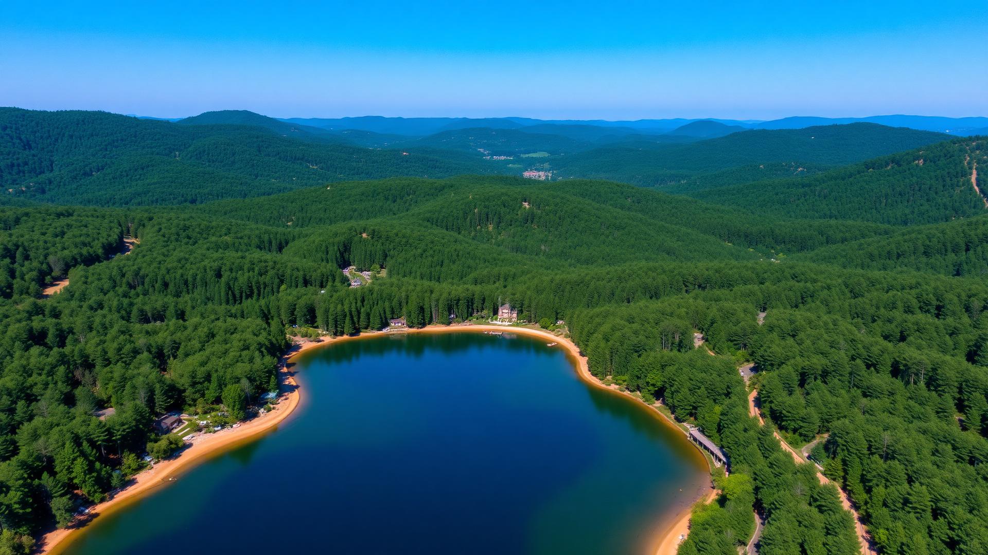 Aerial view of Big Bass Lake in late summer