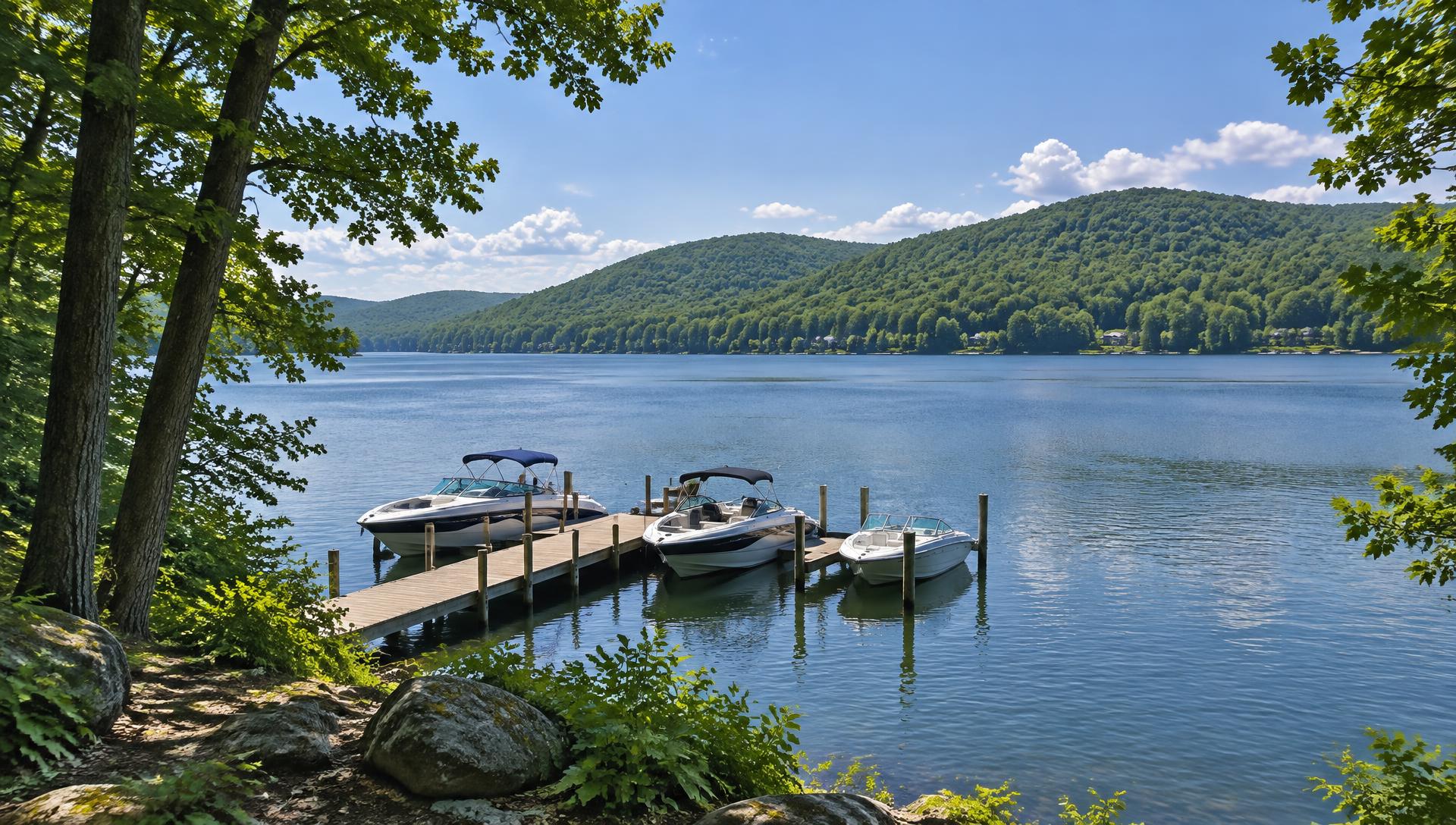 Lake Wallenpaupack seen from a wooded shoreline with a private boat dock and powerboats