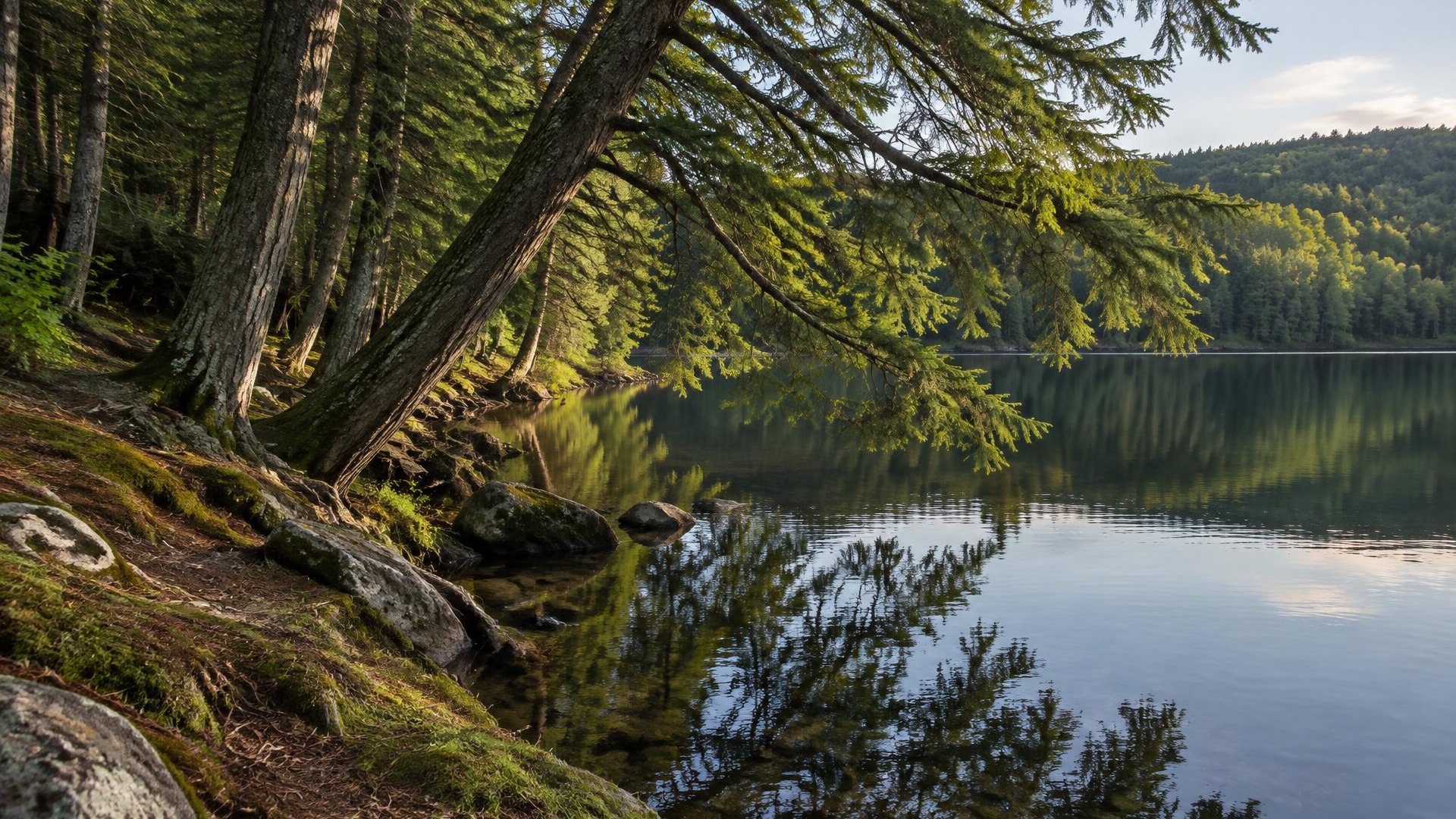 Older wooded lakeshore with hemlocks leaning over still Pocono water