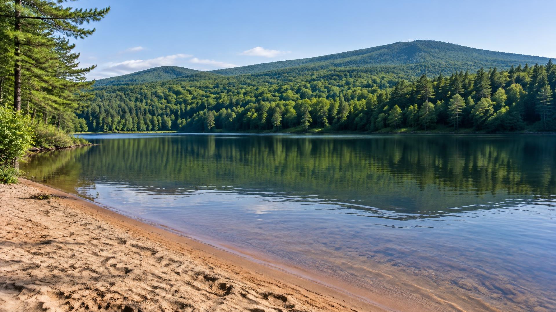 Quiet mountain lake with a sandy shoreline and dense Pocono forest