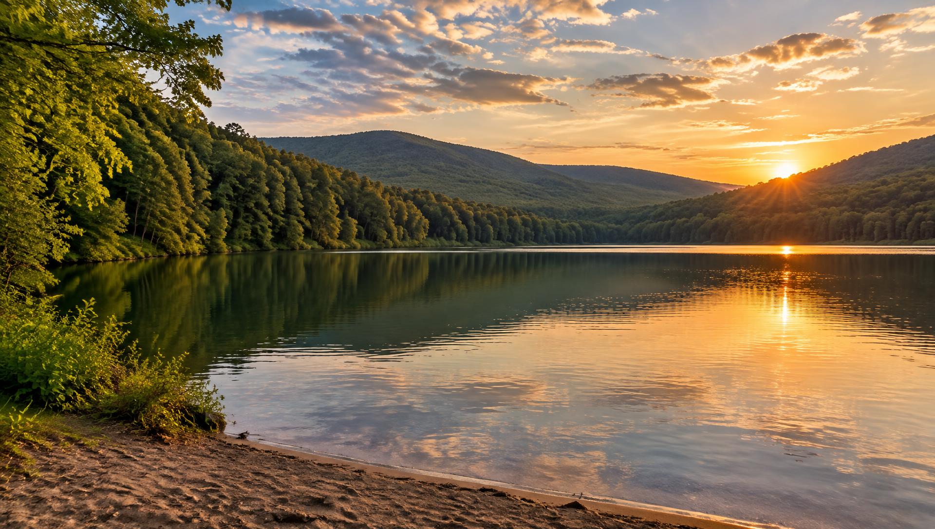 Calm private lake ringed by dense hardwood forest at golden hour with a sandy shoreline
