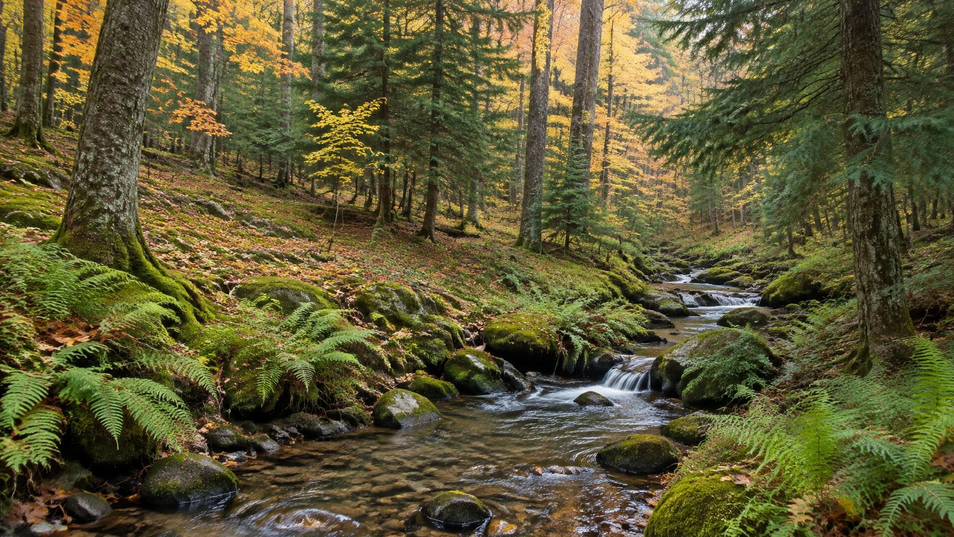 Quiet wooded Pocono hillside with mixed hardwoods, hemlock trees and a small stream in autumn light