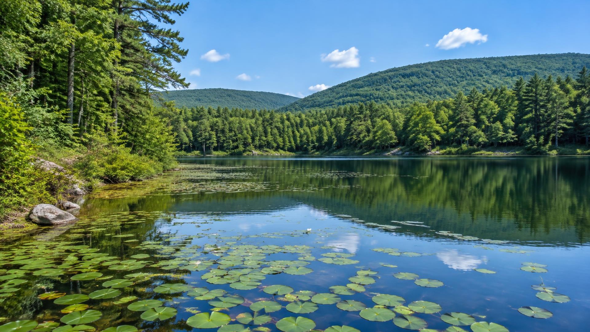Small forest lake with lily pads, calm water and wooded Pocono shoreline on a clear summer day