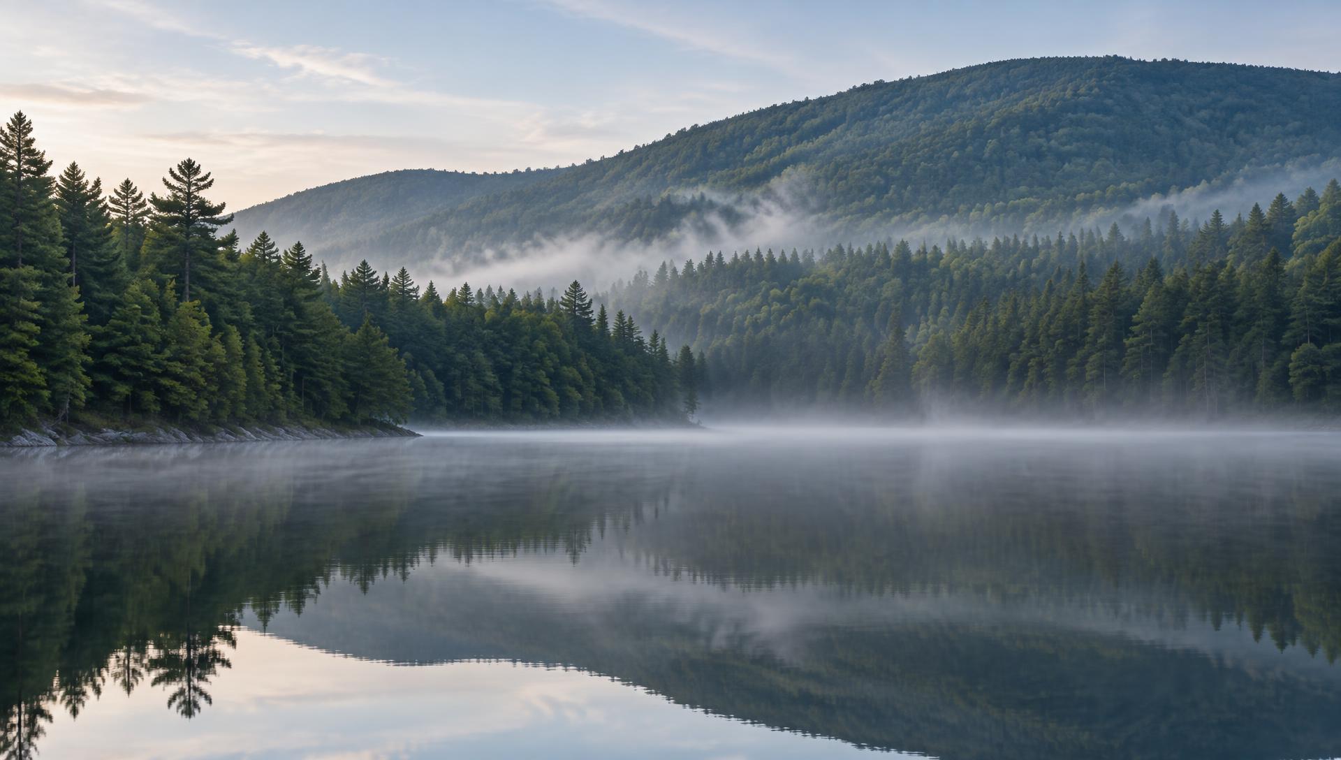 Early morning mist over a forest lake with still water and pine-covered hills behind